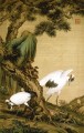 松の木の下で輝く二羽の鶴 古い墨 ジュゼッペ・カスティリオーネ